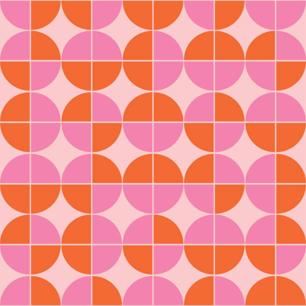Mid century geometric pink and orange circles seamless pattern Mid century geometric pink and orange circles seamless pattern . For home décor, wallpaper and fabric illusion pattern circle image created 1960s stock illustrations