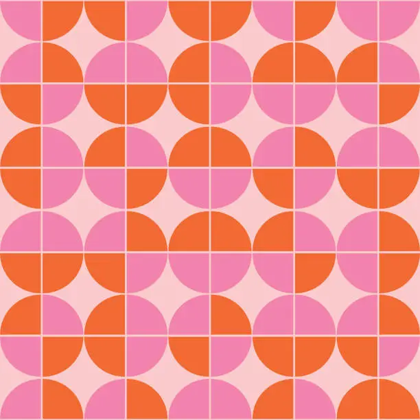 Vector illustration of Mid century geometric pink and orange circles seamless pattern