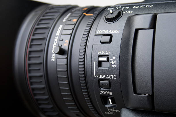 istock Close up of professional video camera lens 160823851