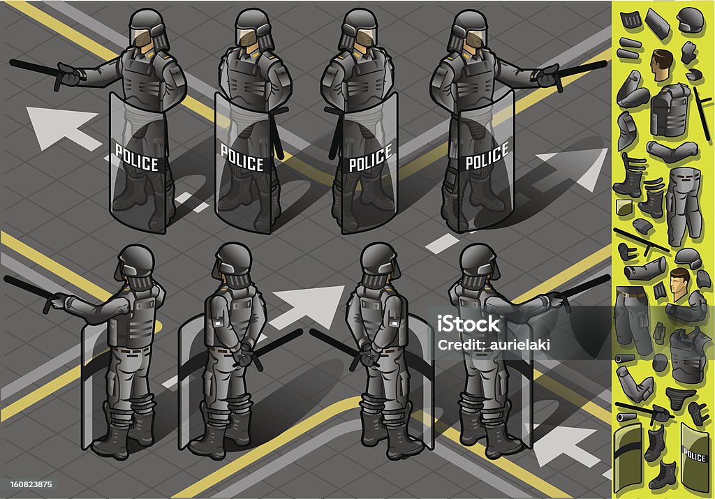 Isométricos Juego de ocho policemans de pie - arte vectorial de Accesorio de cabeza libre de derechos