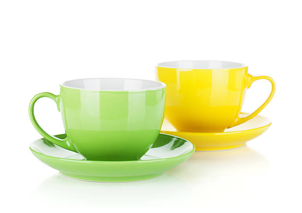 conjunto de copos coloridos - two objects cup saucer isolated imagens e fotografias de stock