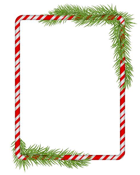 istock Blank Christmas border, candy cane frame with branch of christmas tree, fir. Isolated on white background. Holiday design, decor. Vector illustration. 1608248784