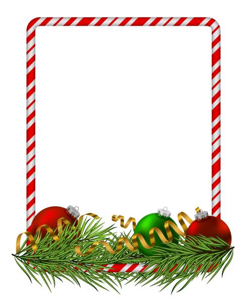 istock Blank Christmas border, candy cane frame with branch of christmas tree, fir, red and green balls, gold serpentine, ribbon. Isolated on white background. Holiday design, decor. Vector illustration. 1608248793