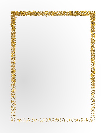 Poster with gold confetti, sparkles, golden glitter frame and space for text on white background. Vector illustration. Elements for banner, design, logo, card, web, invitation, business, party.