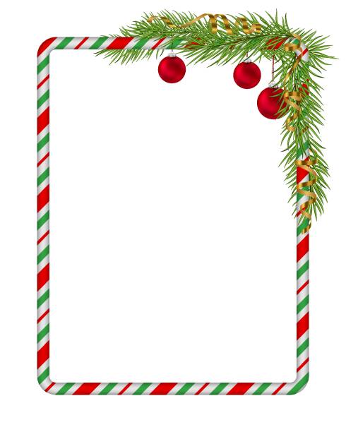 leere weihnachtsbordüre, zuckerstangenrahmen mit zweig des weihnachtsbaums, tanne, rote kugeln, goldschlange, band. isoliert auf weißem hintergrund. urlaubsdesign, dekoration. vektor-illustration. - candy cane copy space no people candy stock-grafiken, -clipart, -cartoons und -symbole