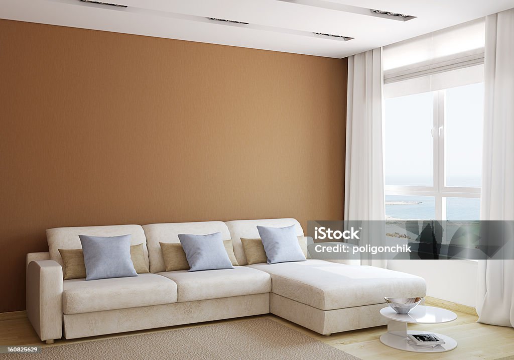 Modern living-room Modern living-room interior with white couch near empty brown wall. 3d render. Apartment Stock Photo