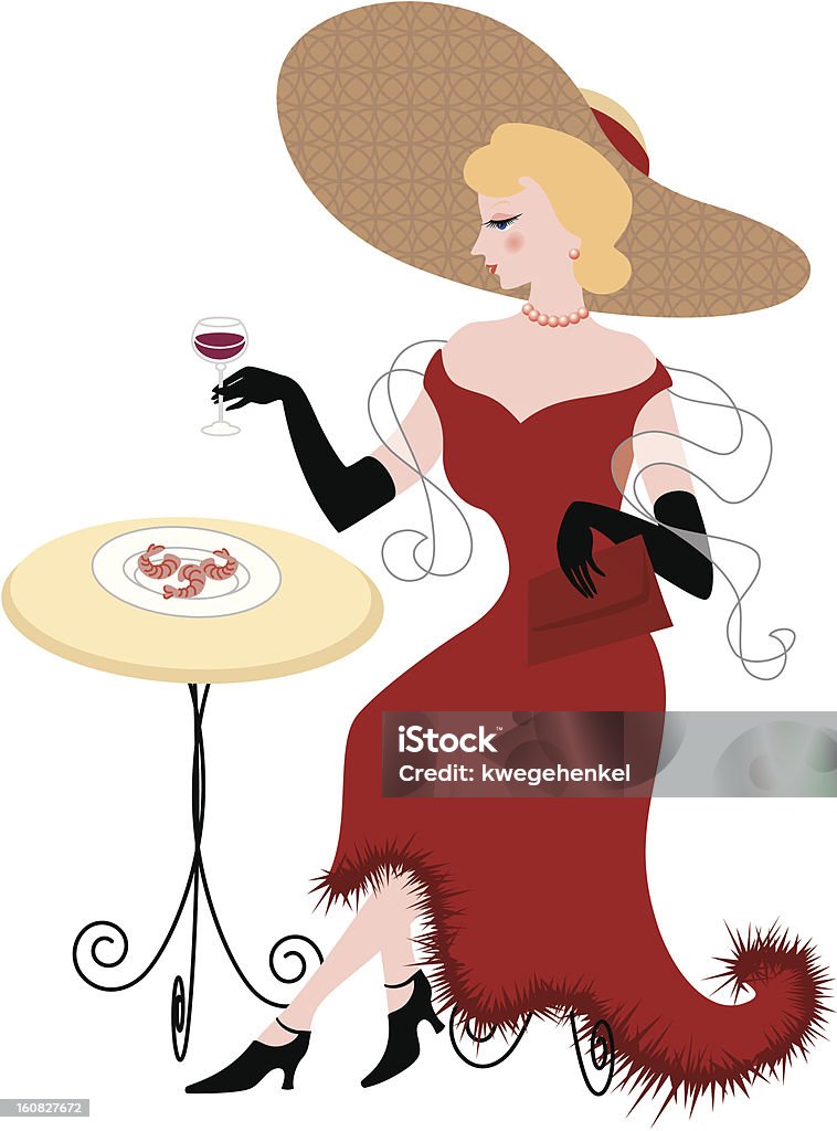 lady with hat having dinner Blonde lady with fancy red evening dress and a hat having wine and shrimp Adult stock vector