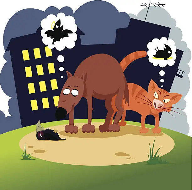 Vector illustration of Cat and Dog Thinking About the Bird Dying