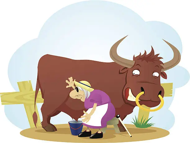 Vector illustration of Bull and blind dairymaid