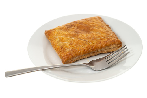 A meat pie on a plate - white background