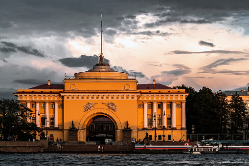 Church of Admiralty in St. Petersburg at sunset. View from Neva River