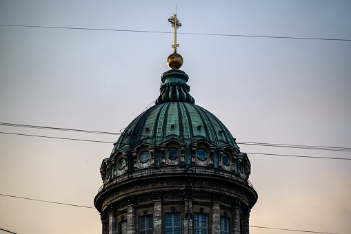 Kazan Cathedral dome at sunset. St. Petersburg