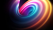 Abstract twisted light trail dynamic shape on black background. 3D render