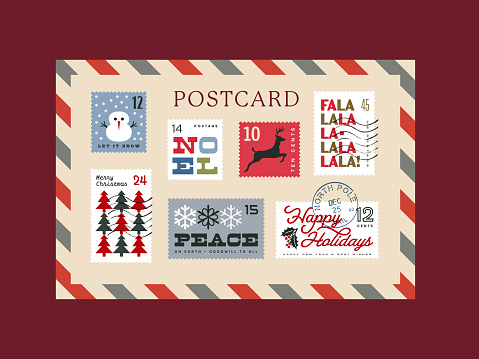Retro Christmas and winter holiday postage stamp collection