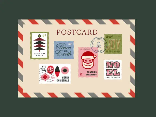 Vector illustration of Retro Christmas and winter holiday postage stamp collection