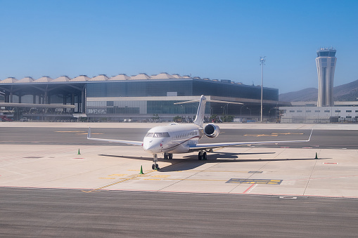 Cape Town Airport, South Africa - December 8th 2022:  Bombardier CRJ-100ER ZS-CMB preparing for take off in the airport in Cape Town