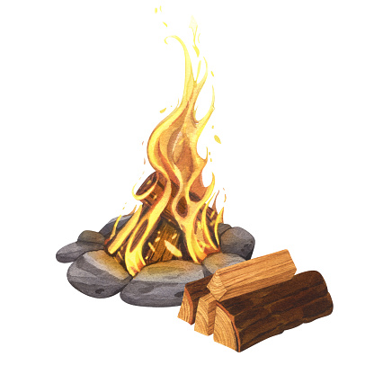 Watercolor burning bonfire on the campfire camp place next to the firewood. Hand-drawn illustration isolated on white background. Perfect for traveling, hiking, camper, journey, campsite elements