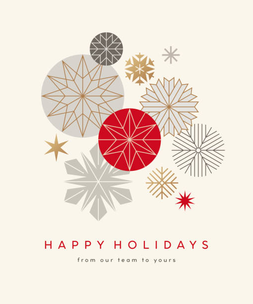 Holiday Background with Stars and Snowflakes Modern Christmas, Holiday background with stylized snowflakes and stars. Simple and elegant Christmas card design. Contemporary geometric Christmas card. christmas stars stock illustrations