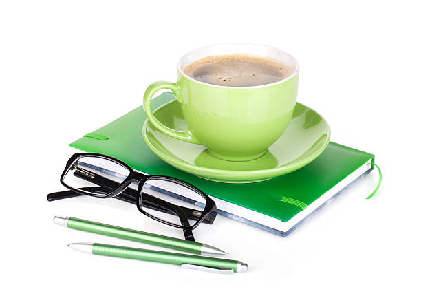 istock Green coffee cup, glasses and office supplies 160839945