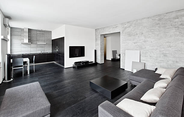 Modern minimalism style drawing-room interior in black and white stock photo