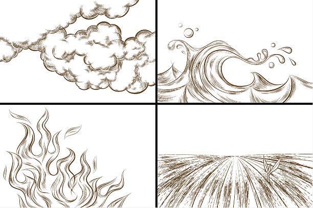 Four Elements (one-color version) hand drawn horizontal backgrounds: air, water, fire, earth the four elements stock illustrations