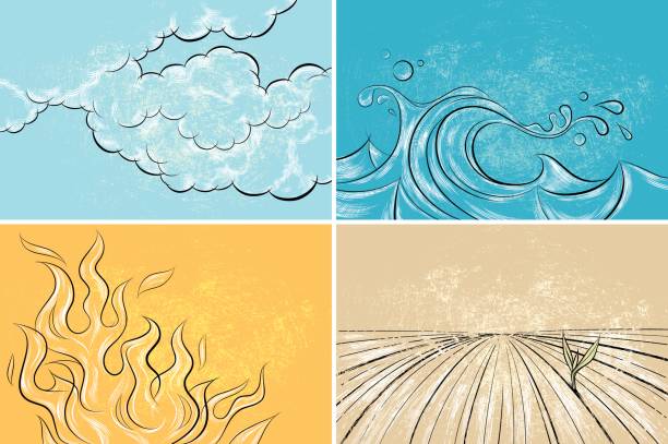 Four Elements hand drawn horizontal backgrounds: air, water, fire, earth the four elements stock illustrations