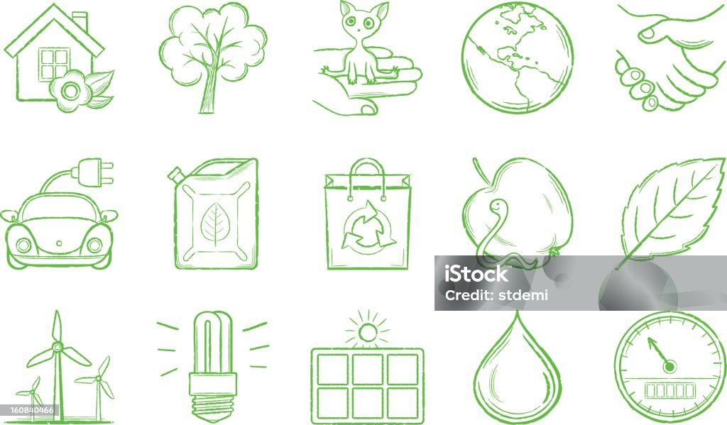 Ecology handwriting style icon set Drawing - Art Product stock vector