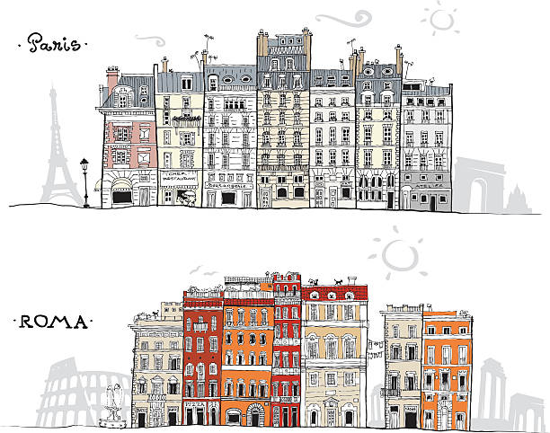 Paris et Rome abrite croquis avec des sites de voyage en toile de fond - Illustration vectorielle