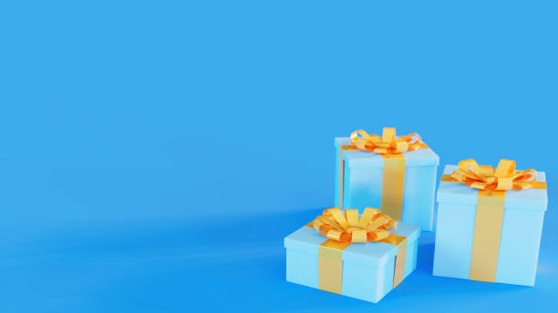 istock Three blue gift boxes with yellow ribbon, celebration and appreciation theme, 3d rendering 1608468952