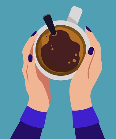 Female Hands Holding Cup Of Coffee Blue Background Vector Illustration In Flat Style