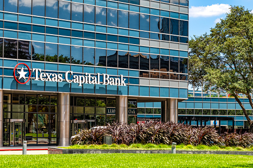 Houston, United States - August 10, 2023:  The Texas Capital Bank building in the Galleria section of Houston is a community bank that started operations in 1998 in Dallas, now having a branch in every major city in Texas.  Texas Capital was named the \