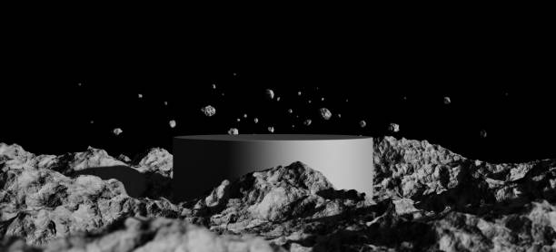 istock Abstract circle display podium. Ground of meteorite rock, stone asteroid rough mountain surface light shadow float outer galaxy planet dark black white. space cosmos. clipping path. 3D Illustration. 1608599291