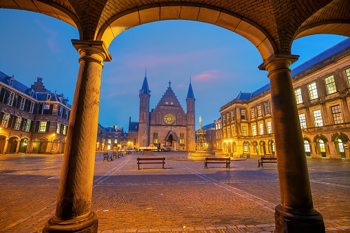 Inner courtyard of the Binnenhof palace in the Hague, Netherlands at twilight