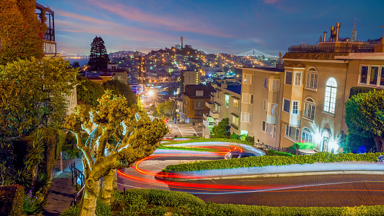 Famous Lombard street in downtown San Francisco cityscape in USA