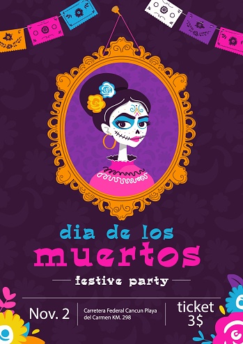 Mexican day of the dead holiday invitation template with portrait of dead girl and flowers in pink, blue and purple shades.