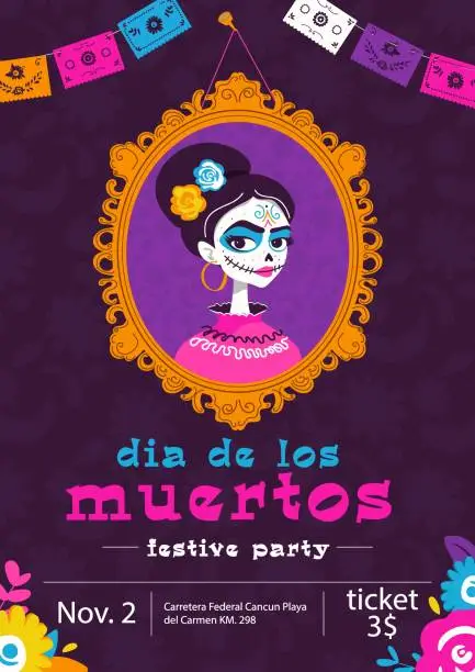 Vector illustration of Mexican day of the dead holiday invitation template with portrait of dead girl and flowers in pink, blue and purple shades.