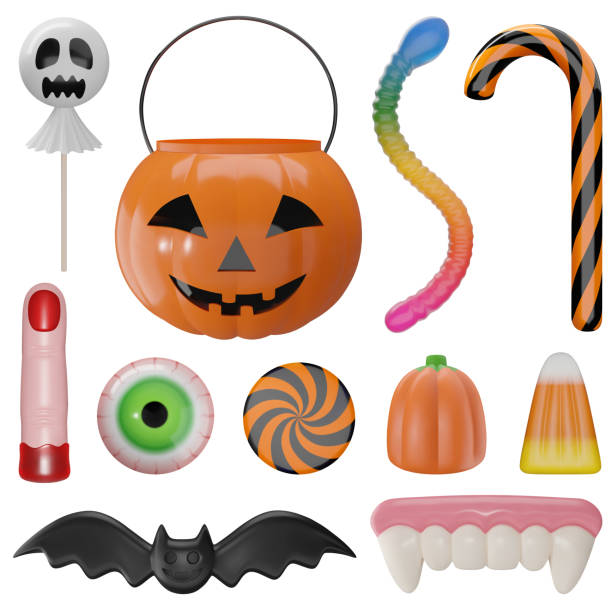 halloween pumpkin bucket and isolated 3d candies halloween pumpkin bucket and isolated 3d candies vector eye candy stock illustrations