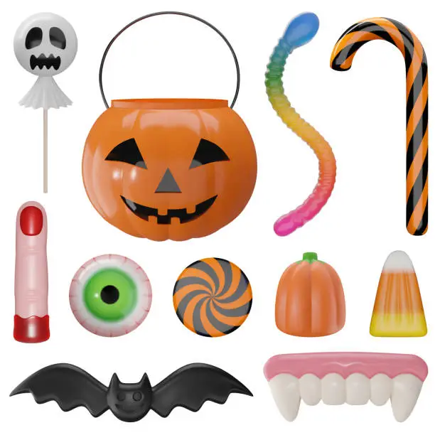 Vector illustration of halloween pumpkin bucket and isolated 3d candies