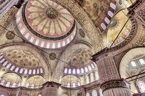 Istanbul, Turkey - July 22,2023: Mosaics and tilework of the interior of Istanbul’s Blue Mosque