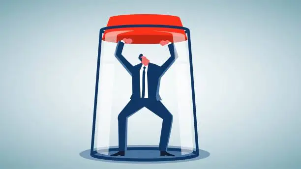 Vector illustration of Breaking through bottlenecks, barriers, hassles and problems, self-improvement and self-challenge, active work and learning, businessmen trying to push the corks out of closed glass jars
