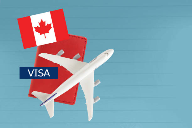 istock Canada Visa and passport with airplane and flag on white background with copy space. 1608715499