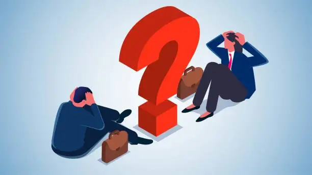 Vector illustration of Confused by problems, troubles or emotions, misunderstandings or uncertainties, asking questions or solving problems, the businessman and businesswoman sit dejectedly by the question mark