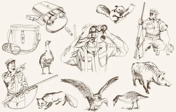Vector illustration of Sketches of geese, foxes, binoculars and hunters with rifles