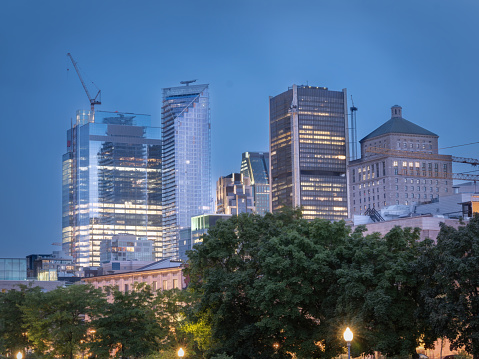 The downtown Montreal skyline as seen from its historic district, Old Montreal