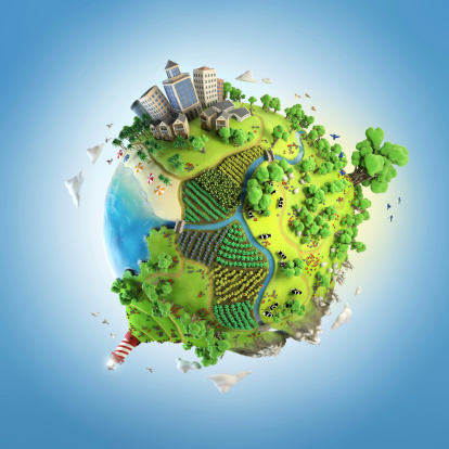 globe concept showing a green, peaceful and idyllic life style in the world in a cartoony style