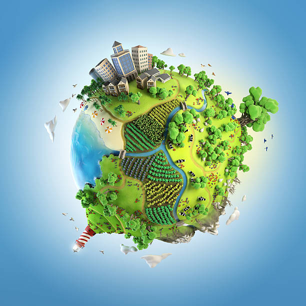 conceito de globo de idílico mundo verde - miniature city isolated imagens e fotografias de stock
