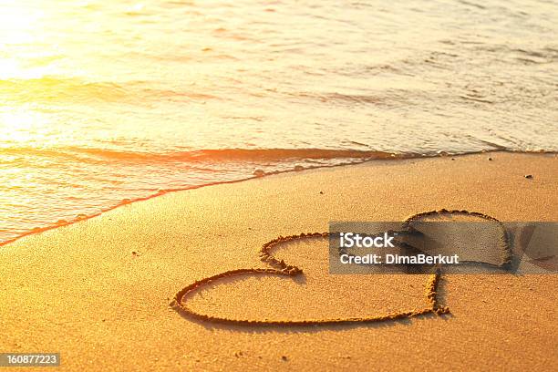 Hearts Drawn On The Sand Of A Beach Stock Photo - Download Image Now - Beach, Day, Desert Area