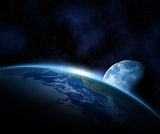 pianeta terra nello spazio - satellite view earth globe sunrise foto e immagini stock