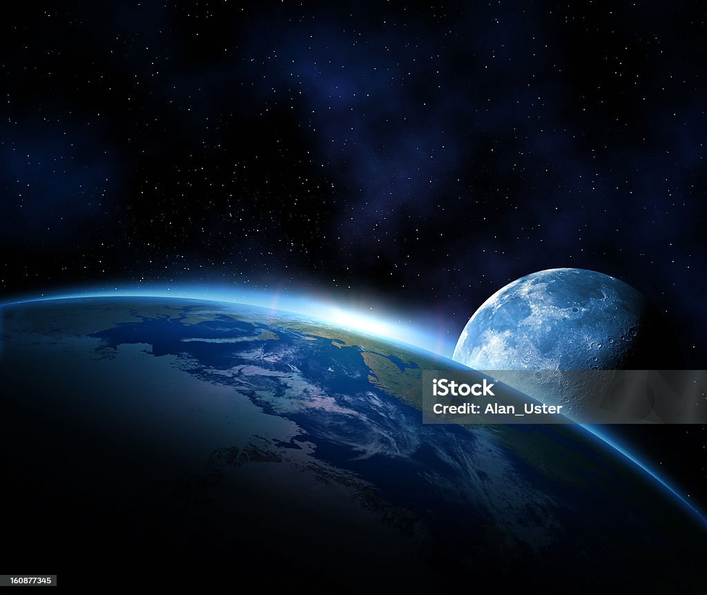 An aerial view of planet earth from space Planet Earth with Moon and shiny sunrise in black space Planet Earth Stock Photo