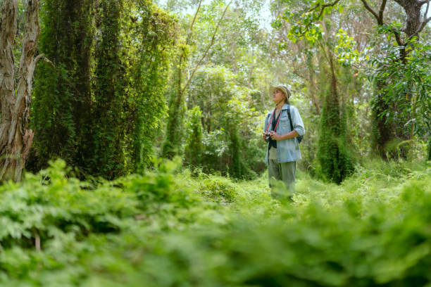 istock Asian man traveling hiking taking photos alone 1608804564
